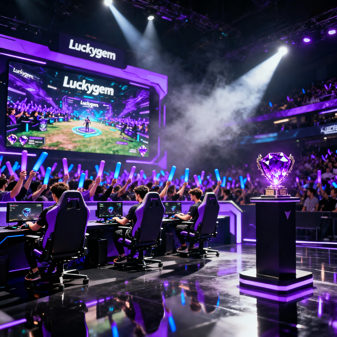 Luckygem community tournament event with players competing on stage